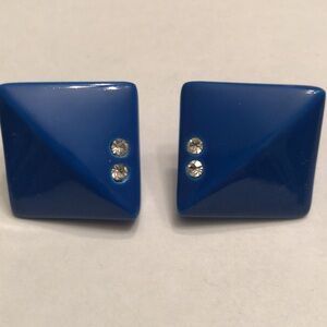 Vintage 80’s Royal Blue Earrings 7/8” Square Rhinestones Pierced Ears - #427